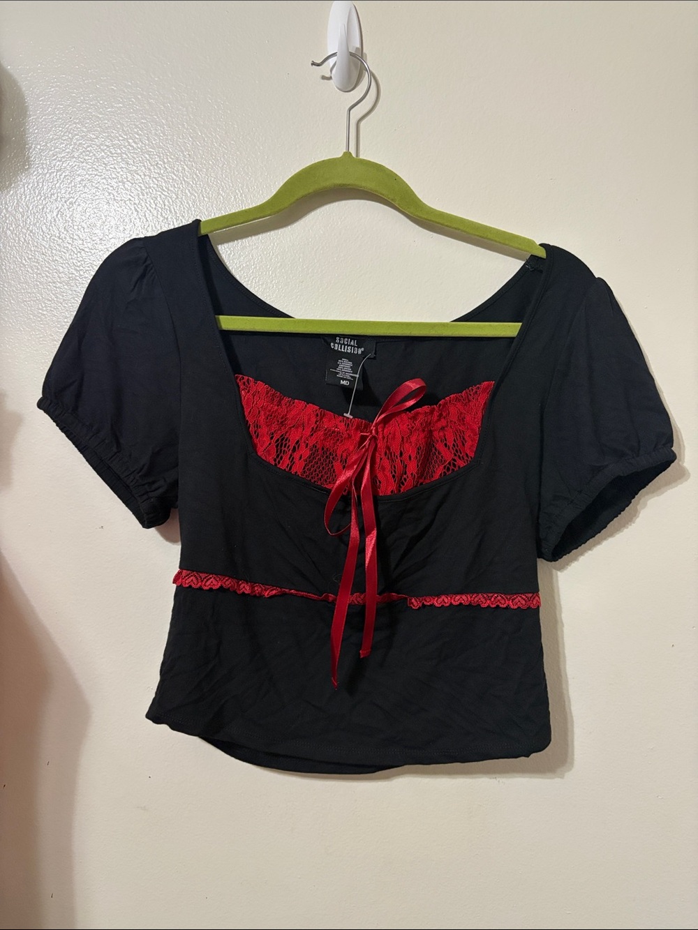 Hot Topic Black Crop Top with Red Lace and Ribbon